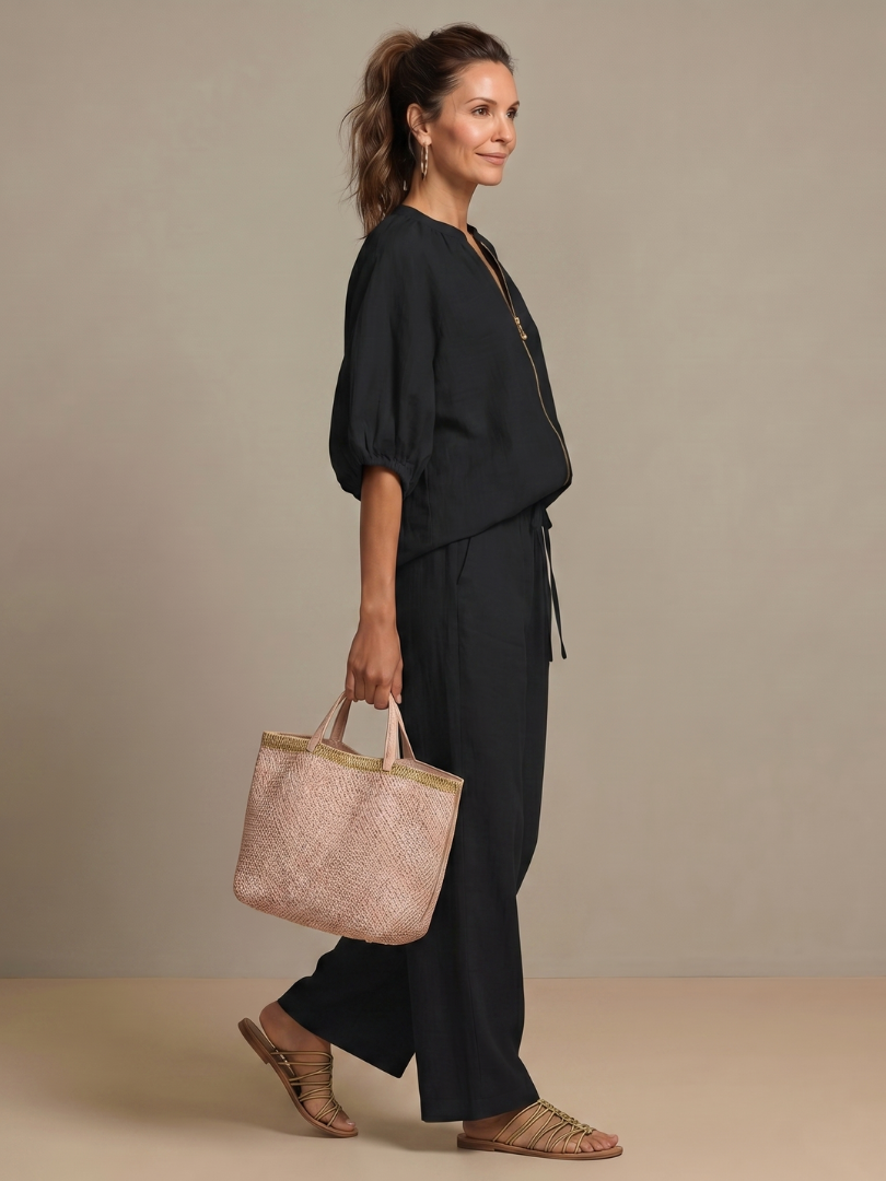 Women's Linen Zip-Neck Top and Wide-Leg Pants Set