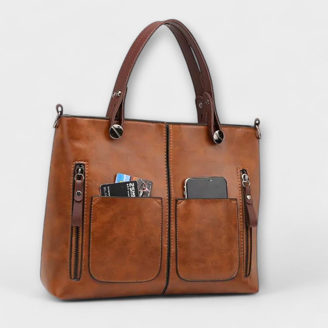 Women's Leather Tote Bag with Front Zip Pockets