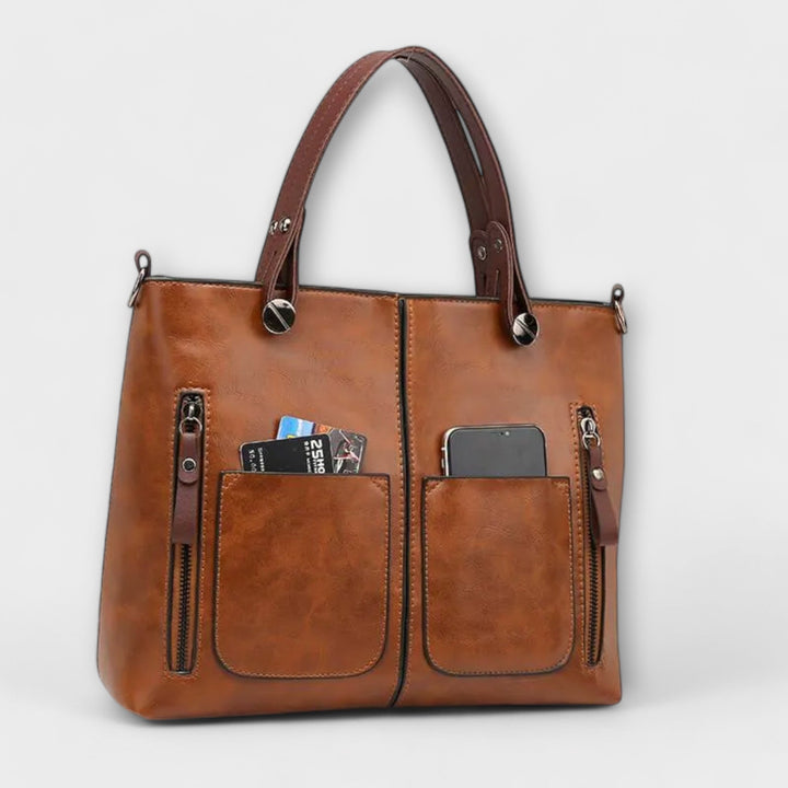 Women's Leather Tote Bag with Front Zip Pockets