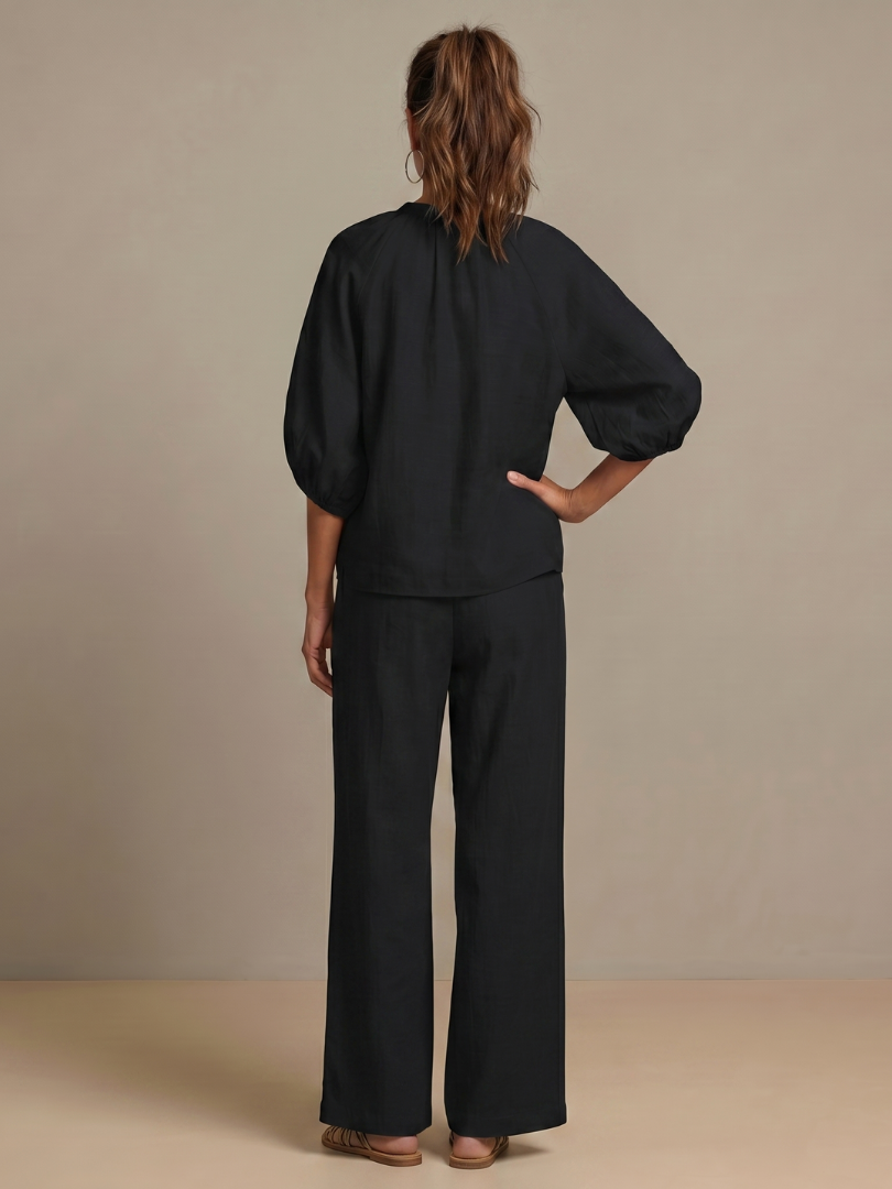 Women's Linen Zip-Neck Top and Wide-Leg Pants Set