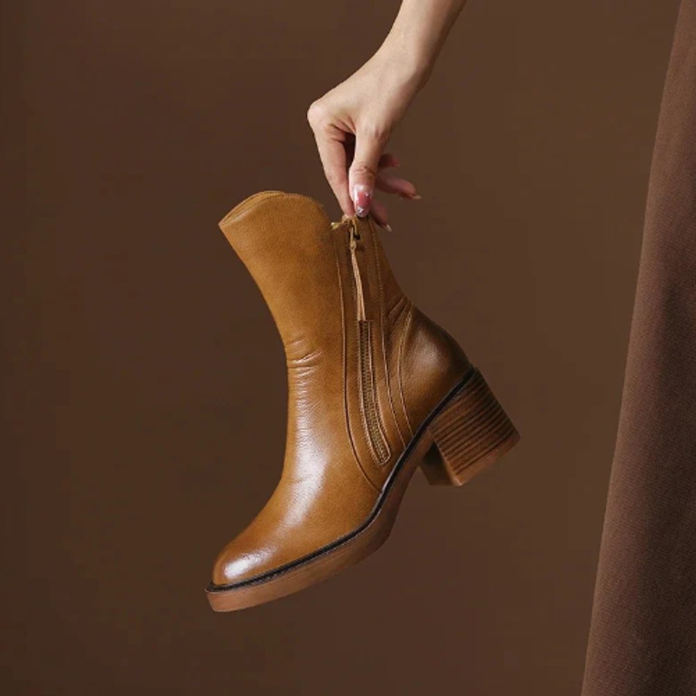 Women's Leather Block Heel Ankle Boots with Side Zipper