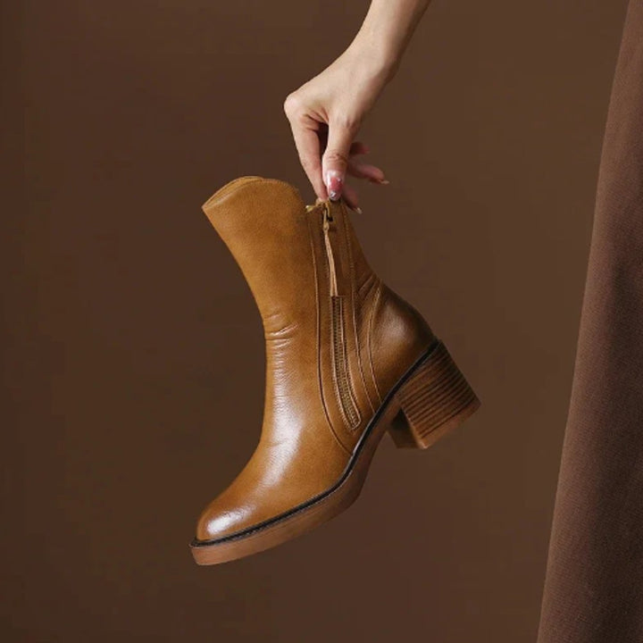 Women's Leather Block Heel Ankle Boots with Side Zipper