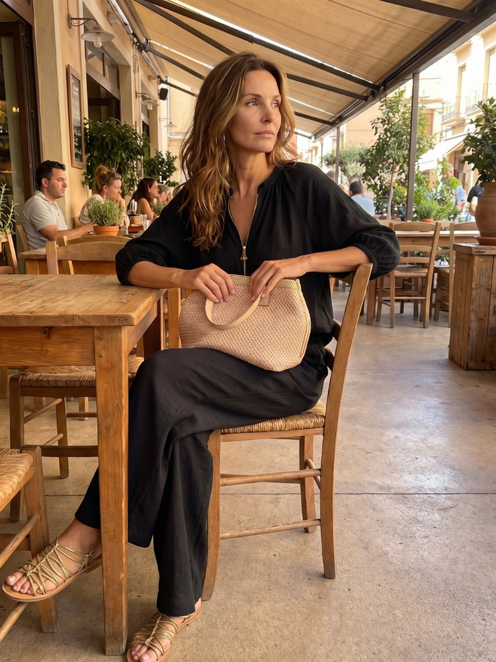 Women's Linen Zip-Neck Top and Wide-Leg Pants Set