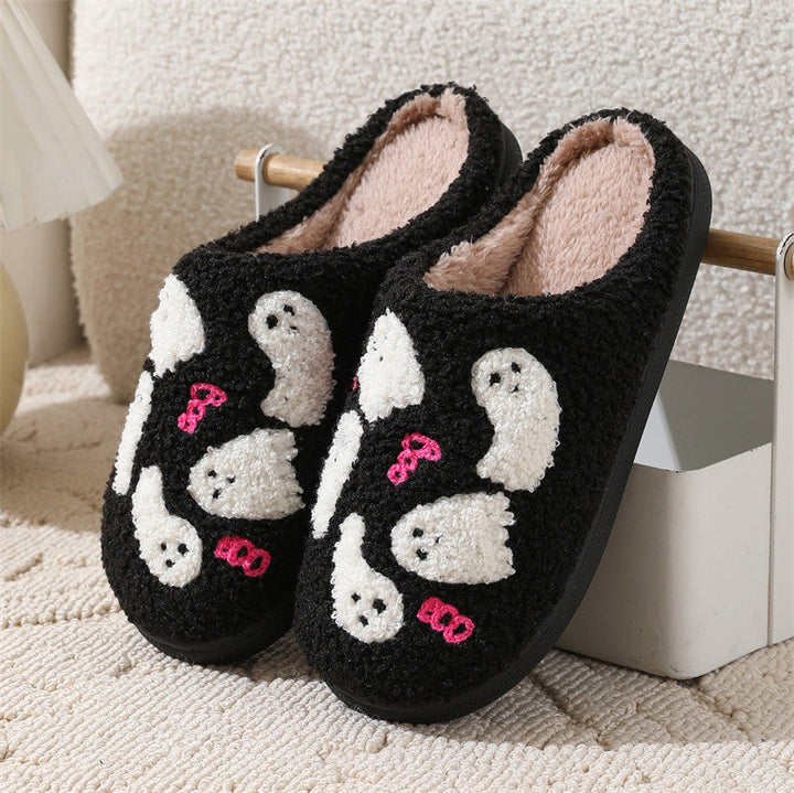 Women's Fluffy Ghost Print Halloween Slippers