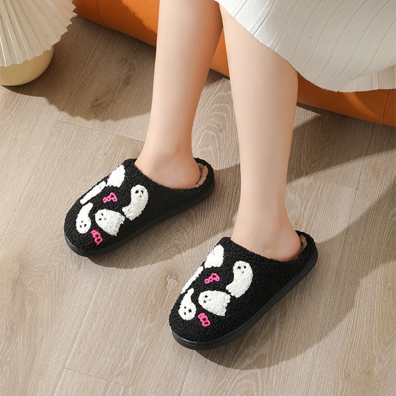 Women's Fluffy Ghost Print Halloween Slippers