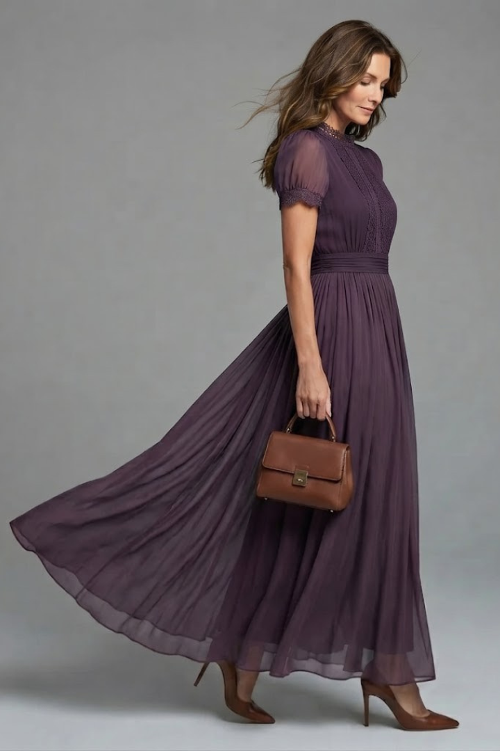 Women's Lace-Trim Pleated Formal Maxi Dress