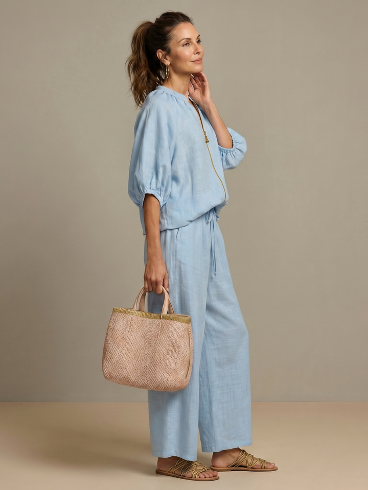 Women's Linen Zip-Neck Top and Wide-Leg Pants Set