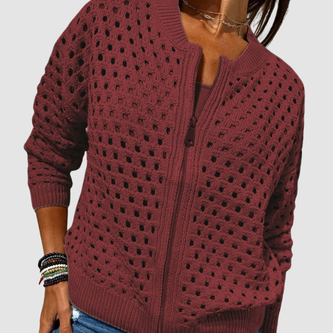 Women's Crochet Knit Zip-Up Cardigan in Relaxed Fit
