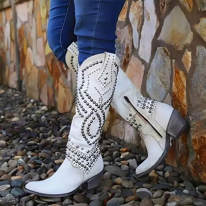 Women's Leather Studded Knee-High Cowgirl Boots