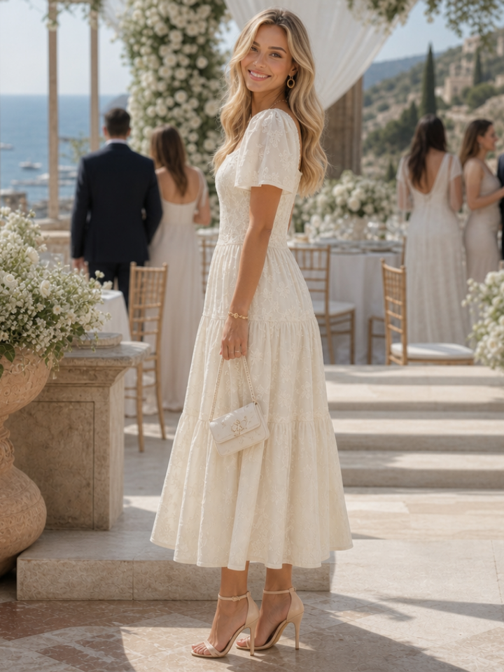 Women's Embroidered Square-Neck Tiered Midi Dress