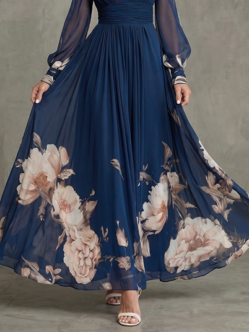 Women's Sheer Sleeve Floral Hem Maxi Dress