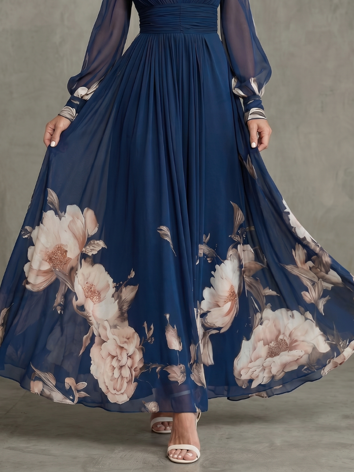 Women's Sheer Sleeve Floral Hem Maxi Dress