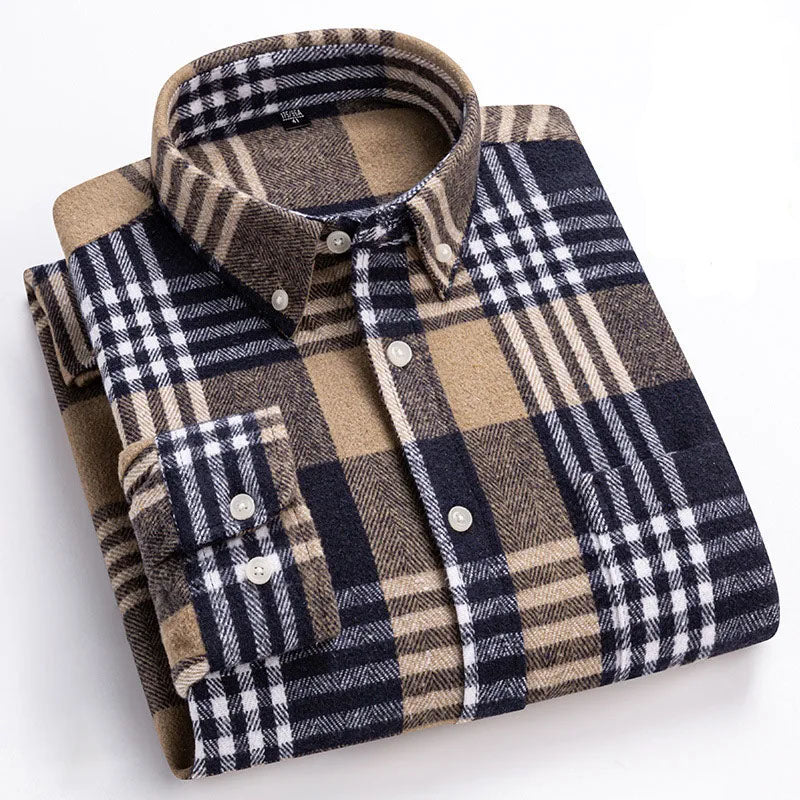 Men's Plaid Flannel Shirt with Button-Down Collar