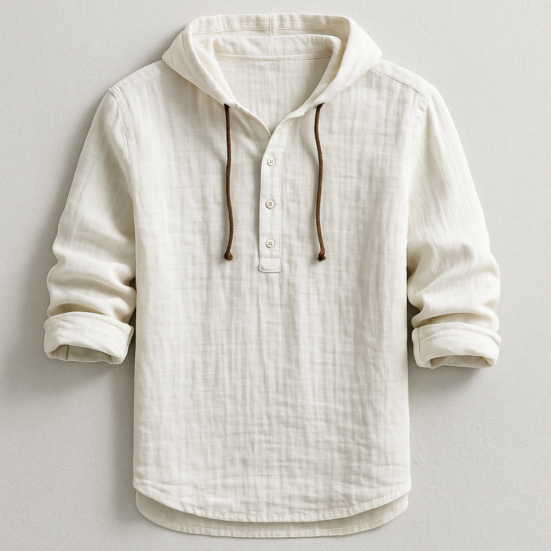 Men's Linen Hooded Henley Shirt with Drawstring