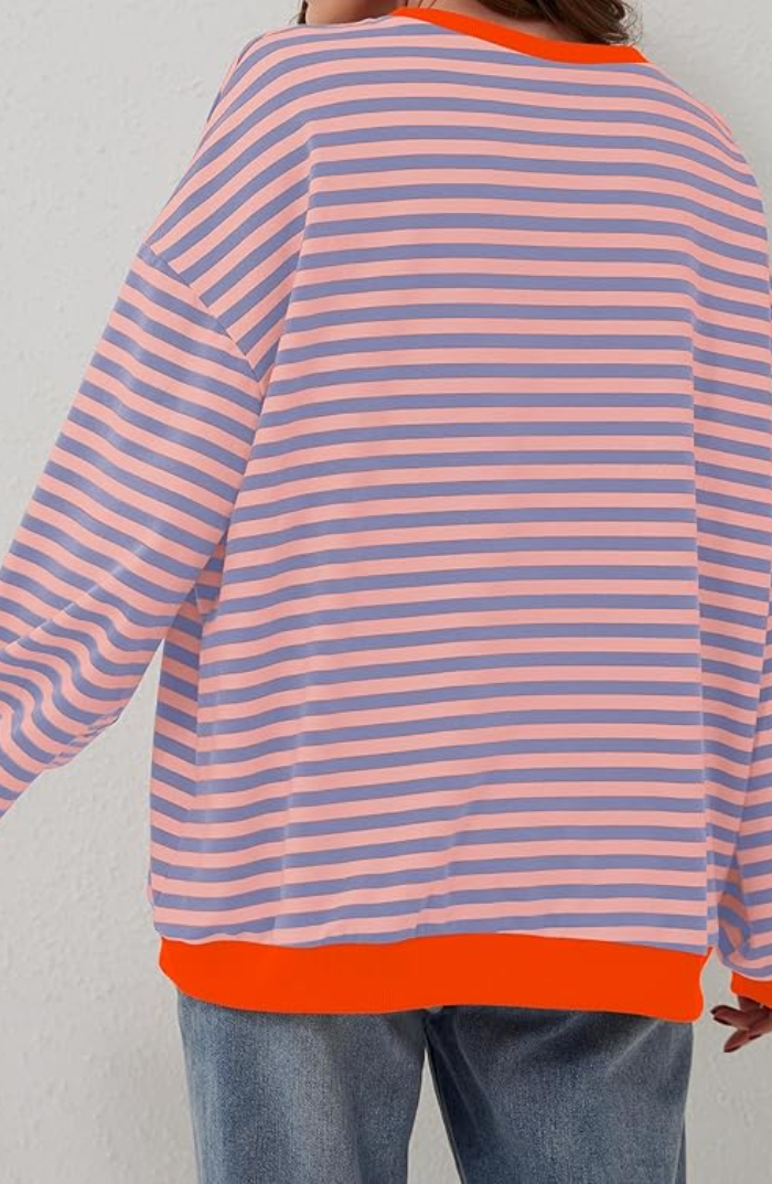 Women's Striped Crew Neck Sweater with Contrast Trim