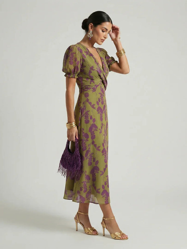 Women's Wrap-Front Puff-Sleeve Floral Midi Dress