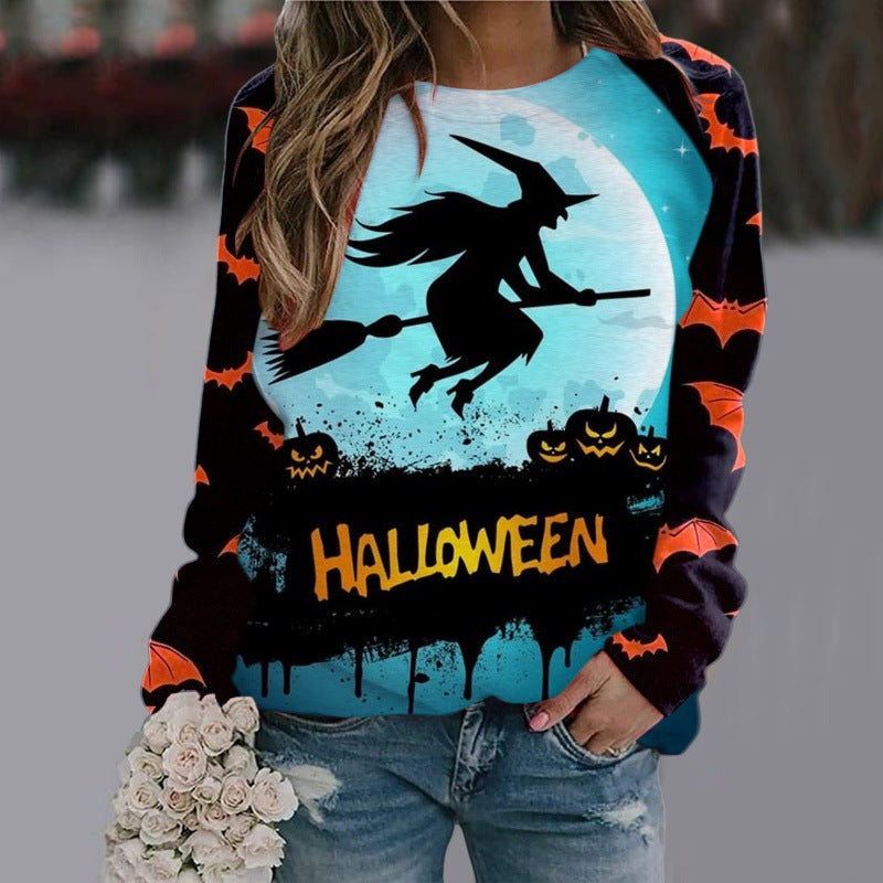 Women's Witch Print Halloween Sweatshirt with Bat Sleeves