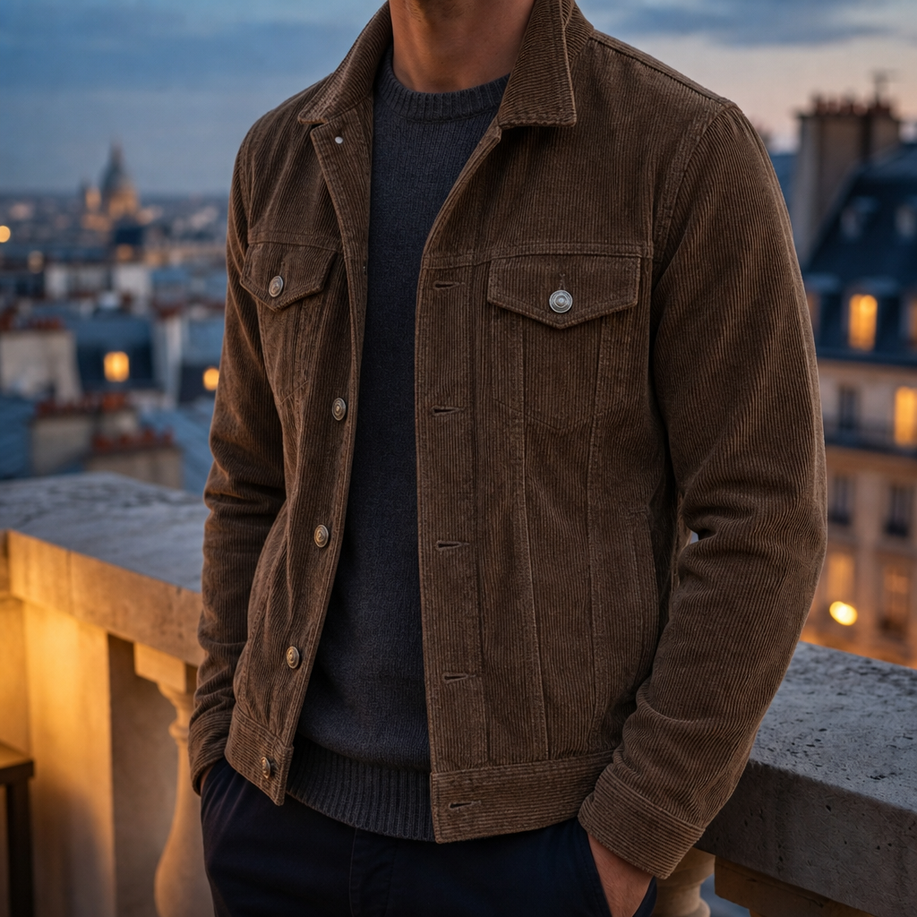 Men's Corduroy Button-Front Jacket with Turn-Down Collar