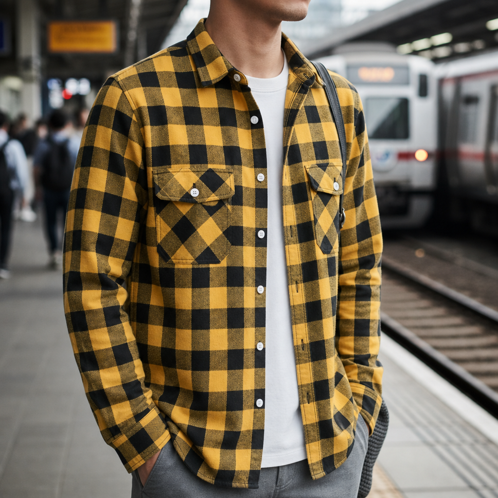 Men's Plaid Flannel Shirt with Dual Chest Pockets