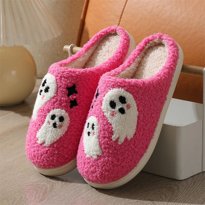 Women's Fluffy Ghost Print Halloween Slippers