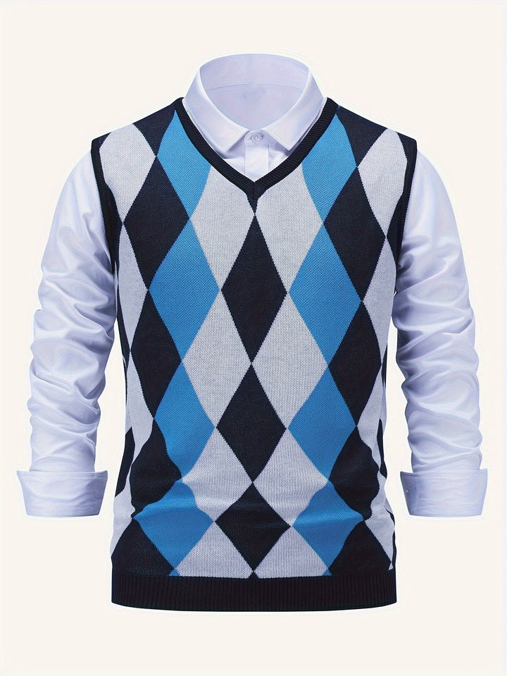 Men's Argyle Knit Sweater Vest with V-Neck