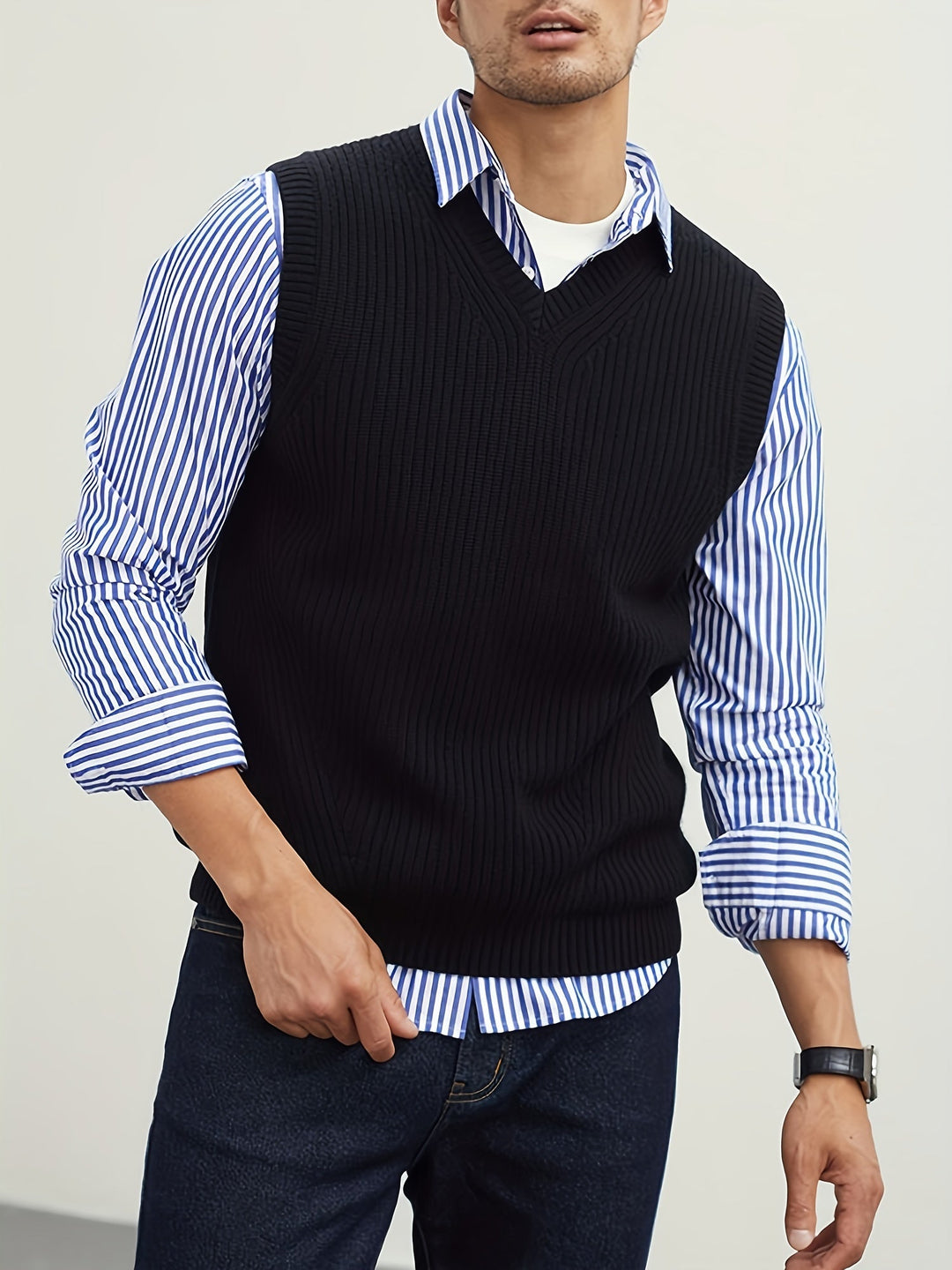 Men's Ribbed Knit V-Neck Sweater Vest