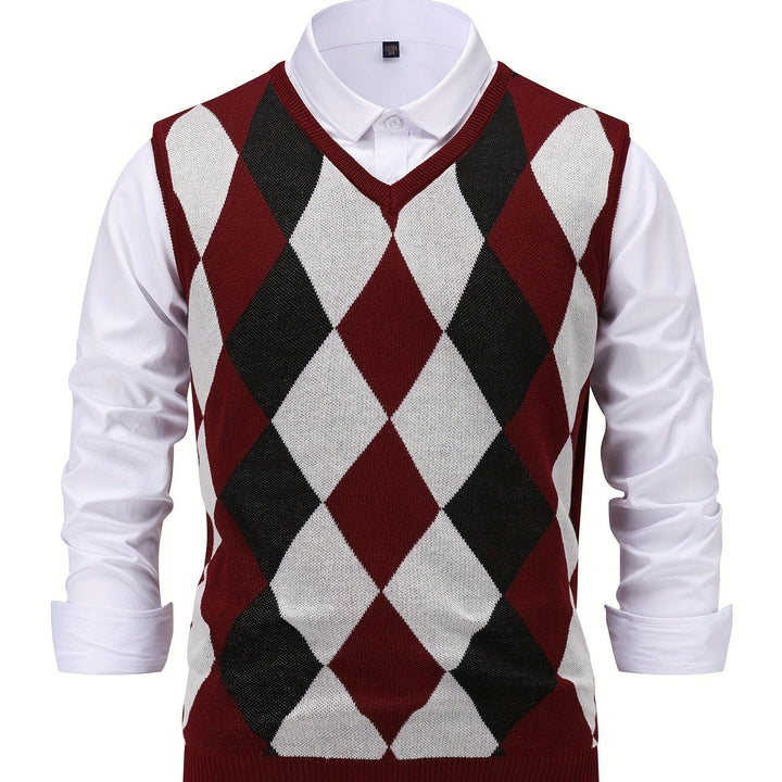 Men's Argyle Knit Sweater Vest with V-Neck