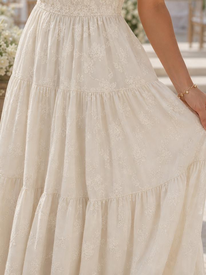 Women's Embroidered Square-Neck Tiered Midi Dress