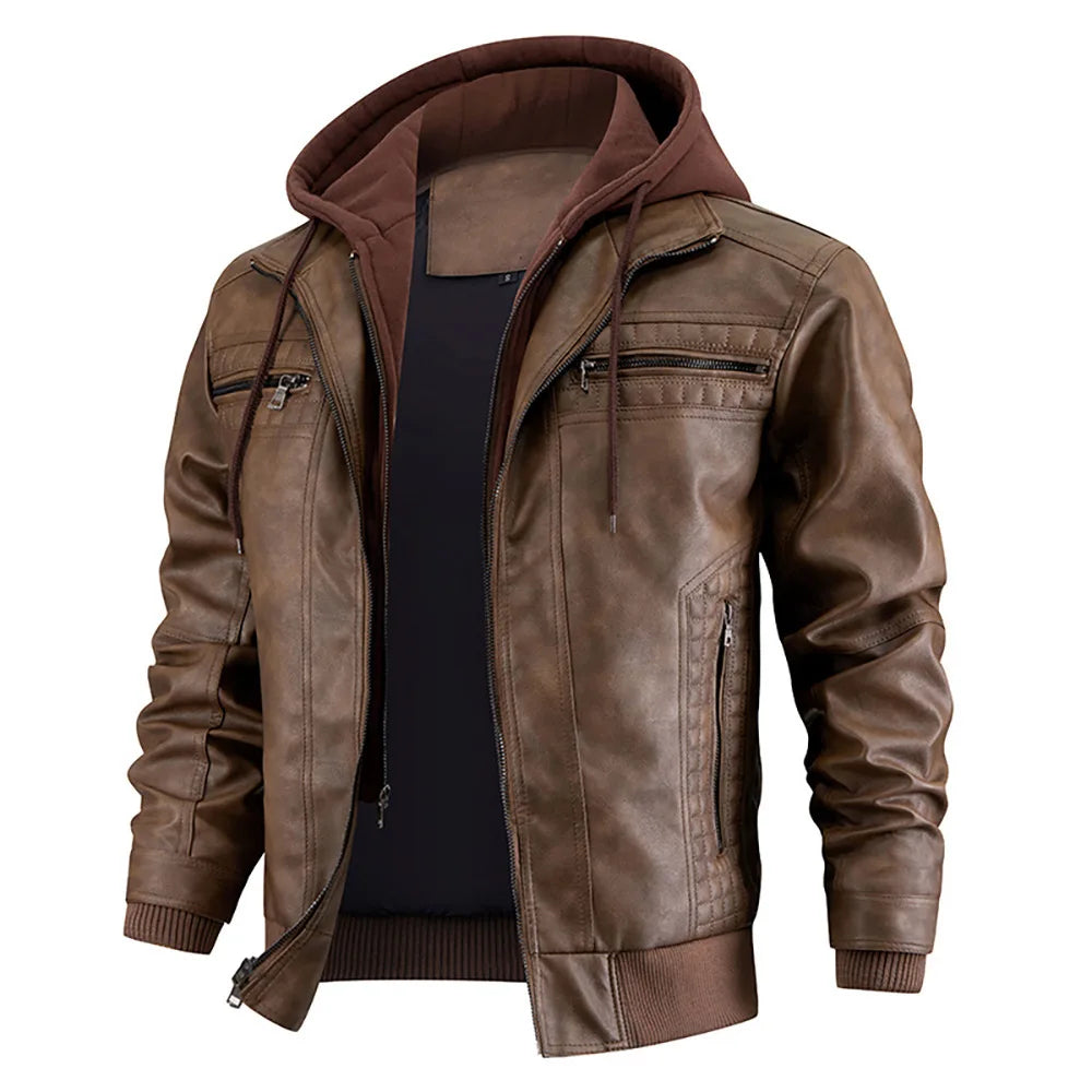 Men's Leather Hooded Moto Jacket with Zip Pockets