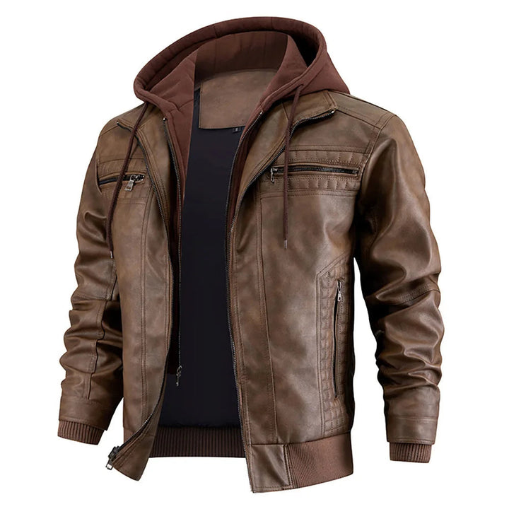 Men's Leather Hooded Moto Jacket with Zip Pockets