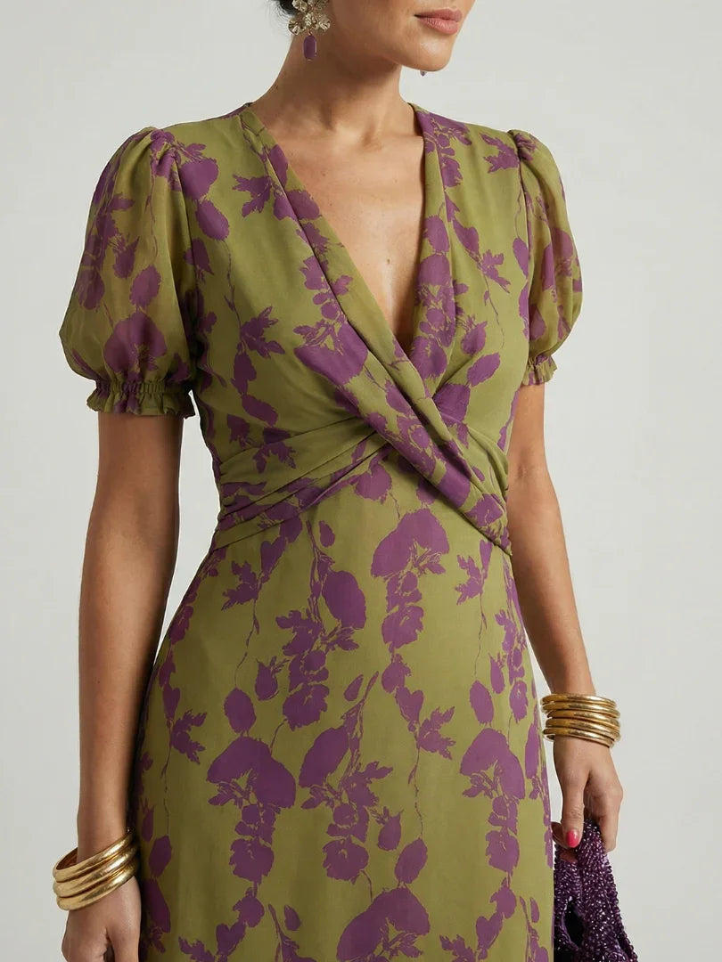 Women's Wrap-Front Puff-Sleeve Floral Midi Dress