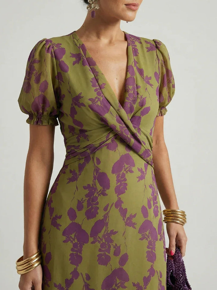 Women's Wrap-Front Puff-Sleeve Floral Midi Dress