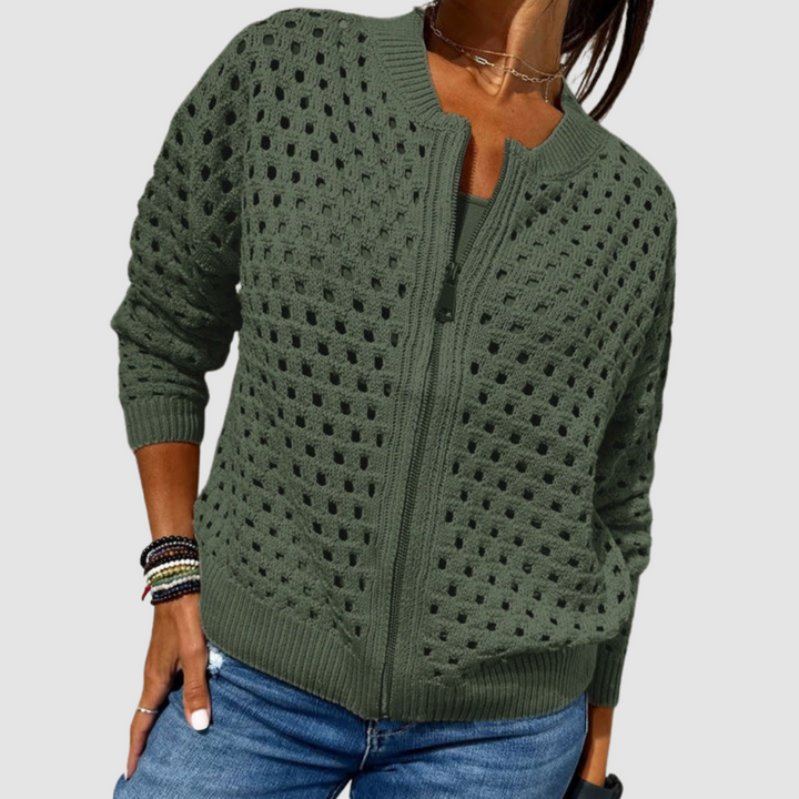 Women's Crochet Knit Zip-Up Cardigan in Relaxed Fit