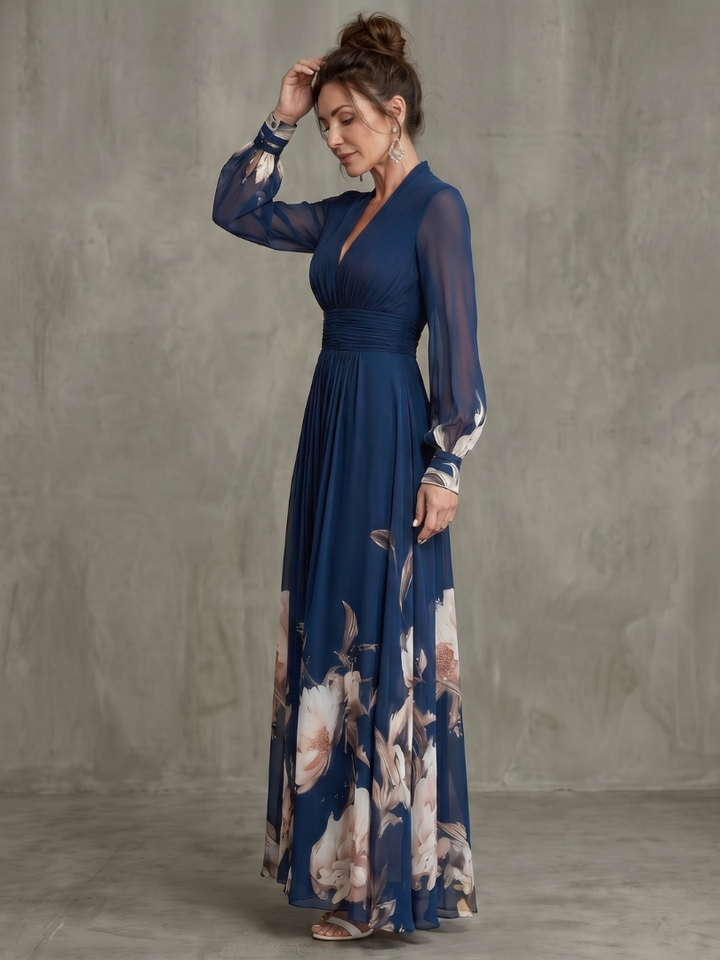 Women's Sheer Sleeve Floral Hem Maxi Dress
