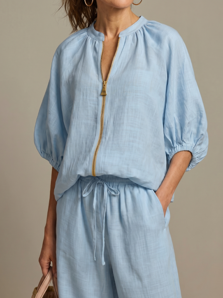 Women's Linen Zip-Neck Top and Wide-Leg Pants Set