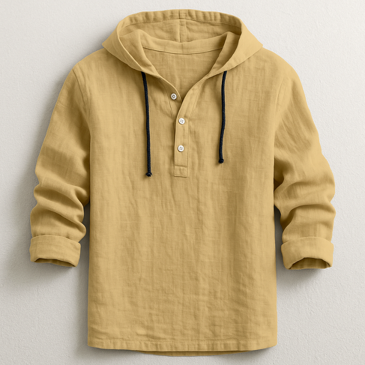 Men's Linen Hooded Henley Shirt with Drawstring