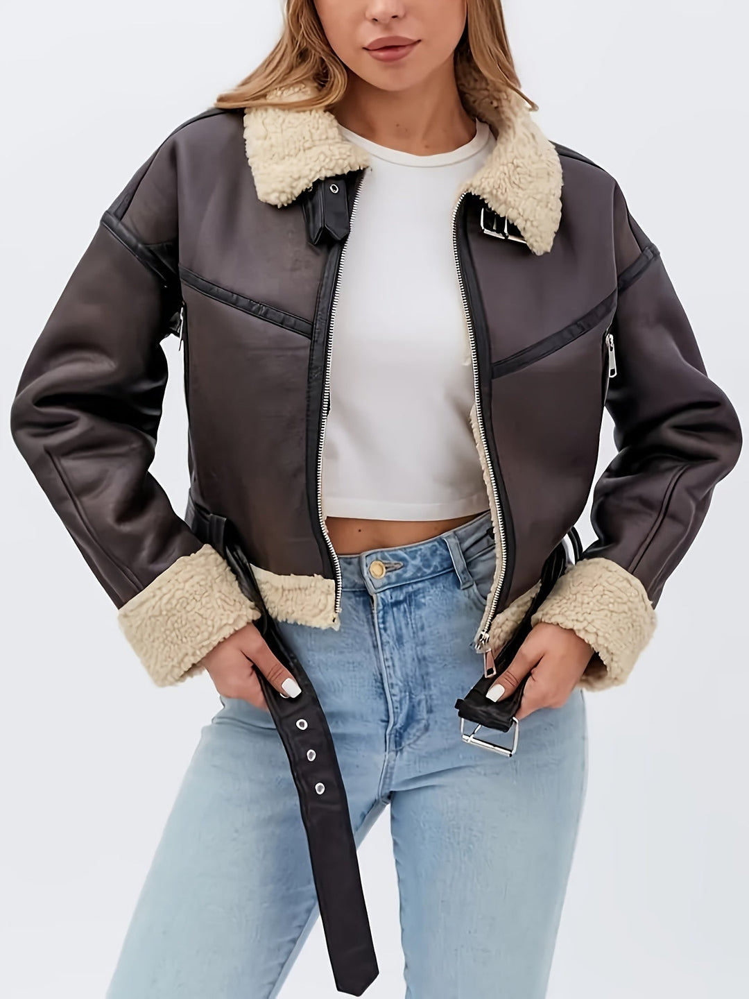 Women's Shearling-Trim Moto Jacket with Belt