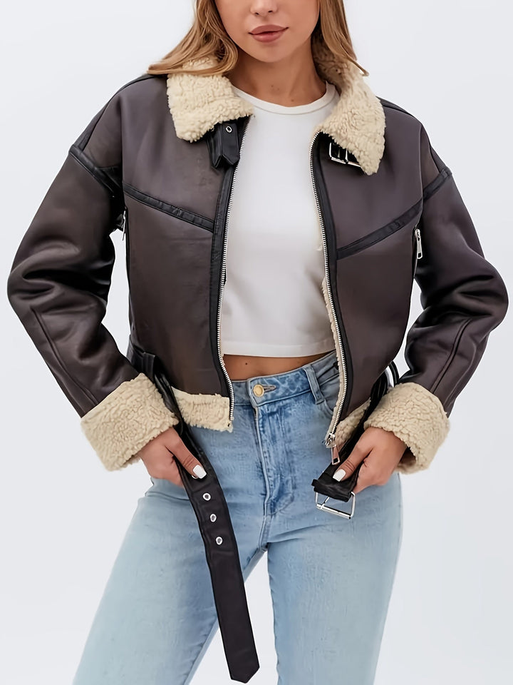 Women's Shearling-Trim Moto Jacket with Belt