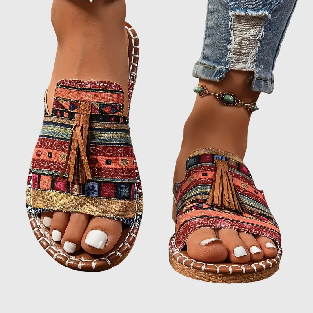 Women's Tasseled Animal Print Slide Sandals