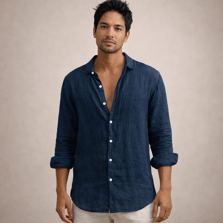 Men's Linen Button-Down Shirt with Spread Collar