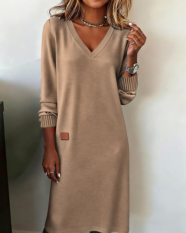 Women's Knit V-Neck Sweater Dress with Striped Cuffs