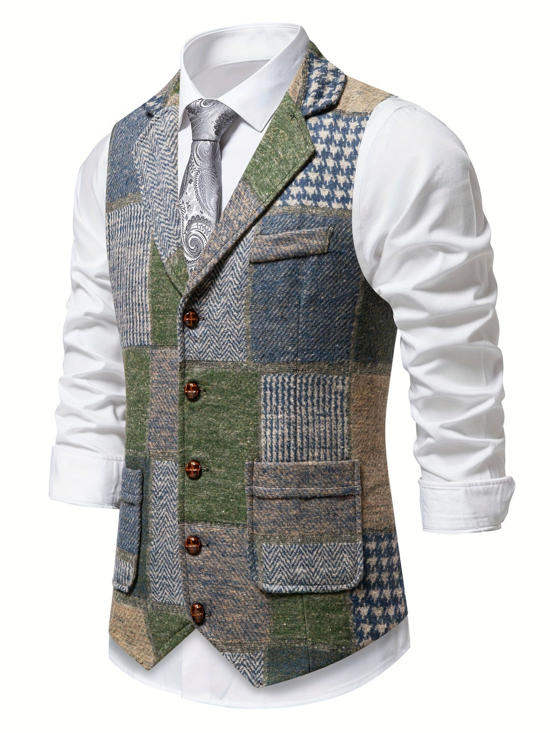 Men's Patchwork Tweed Suit Vest with Notch Lapel