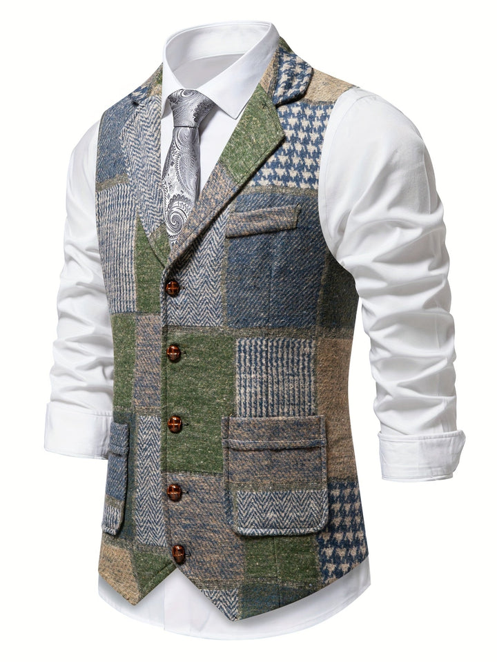 Men's Patchwork Tweed Suit Vest with Notch Lapel