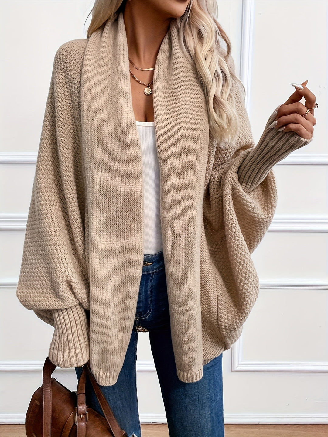 Women's Waffle Knit Waterfall Cardigan with Dolman Sleeves