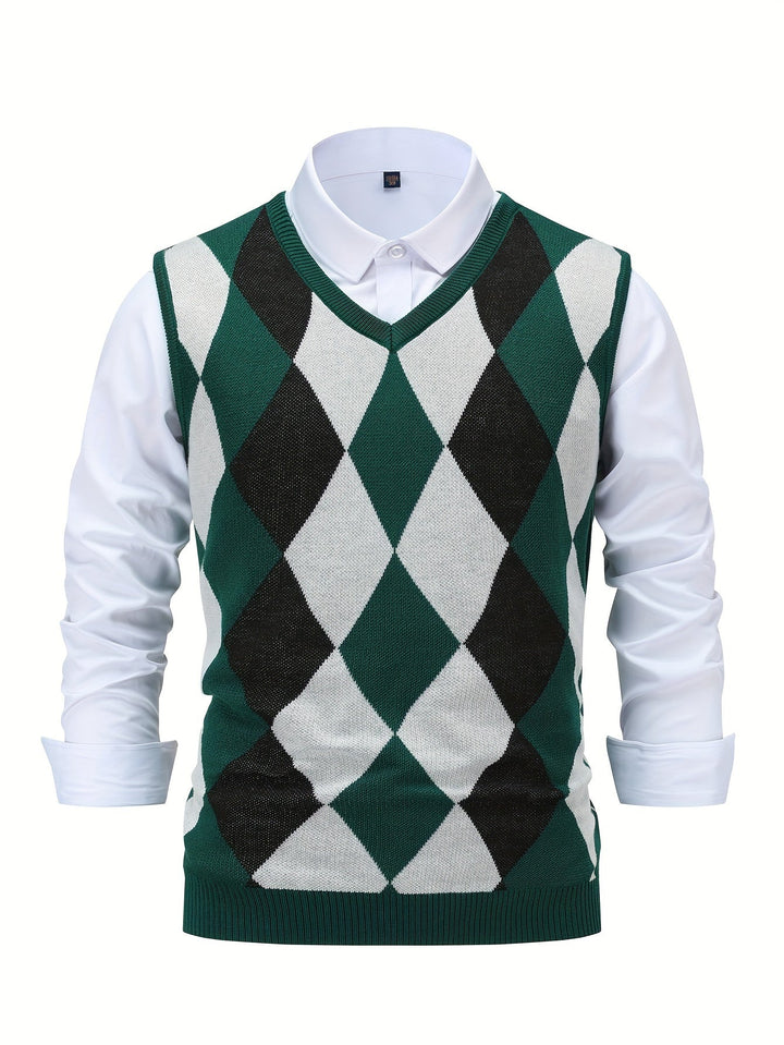 Men's Argyle Knit Sweater Vest with V-Neck