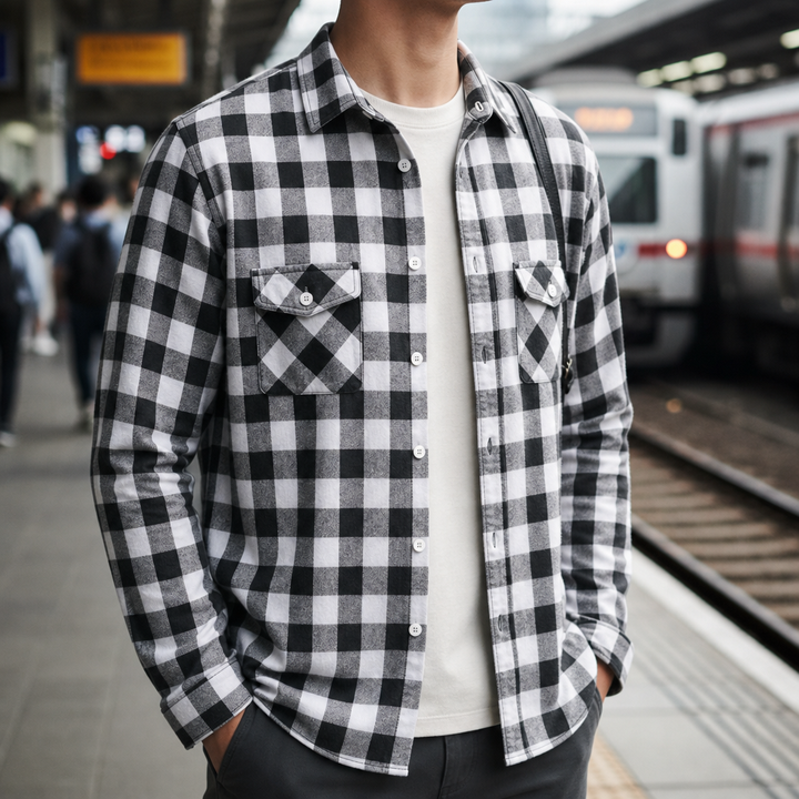 Men's Plaid Flannel Shirt with Dual Chest Pockets