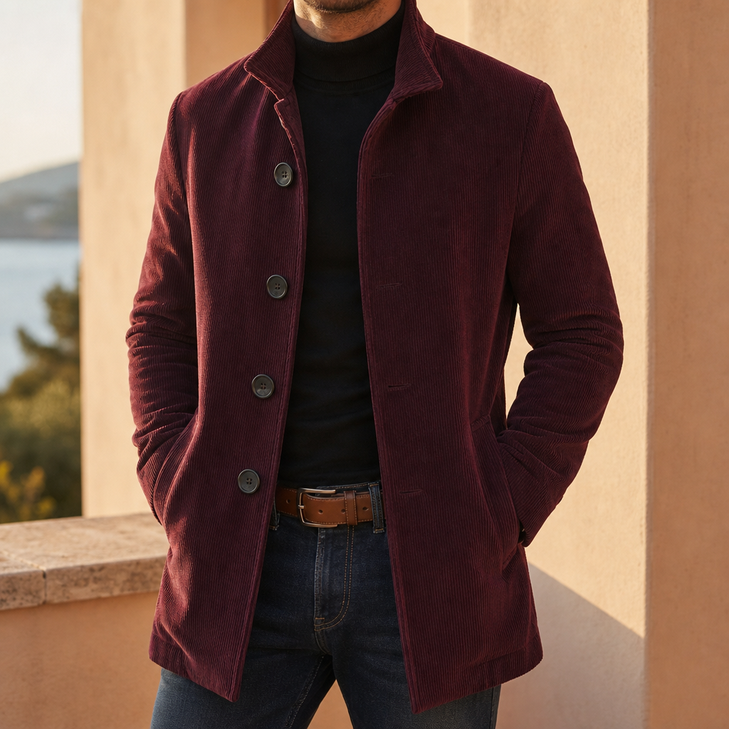 Men's Corduroy Notch Lapel Overcoat in Slim Fit