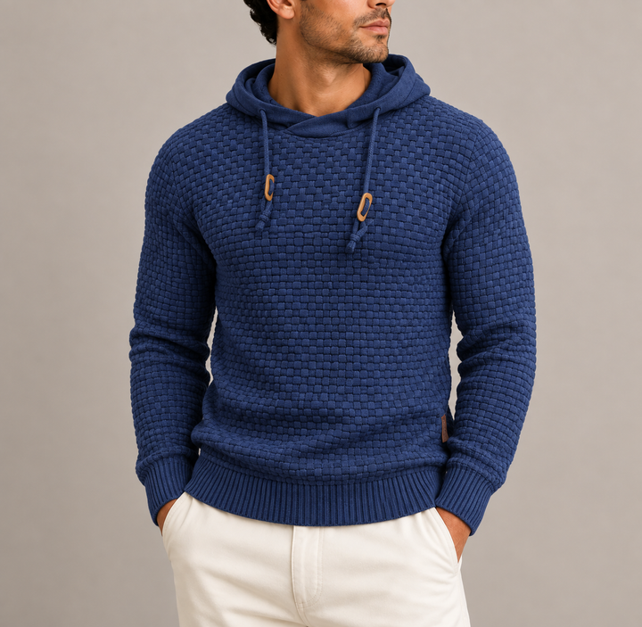 Men's Basketweave Knit Pullover Hoodie with Ribbed Cuffs