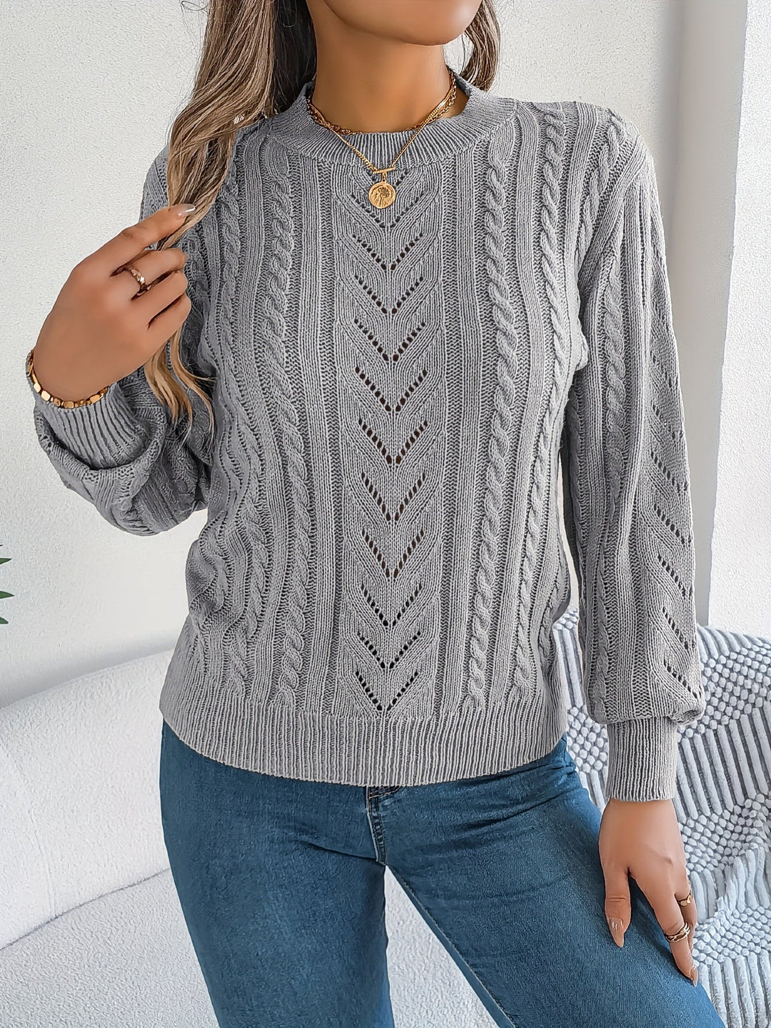 Women's Cable Knit Pointelle Sweater