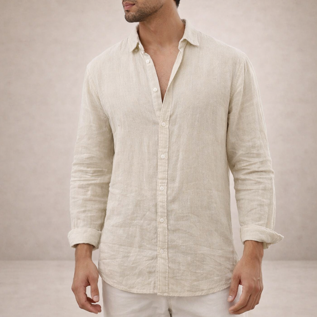 Men's Linen Button-Down Shirt with Spread Collar